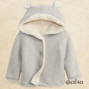 Baby Gap Sherpa Lined Gray Garter Knit Hoodie Jacket 6–12M Cozy Winter Neutral